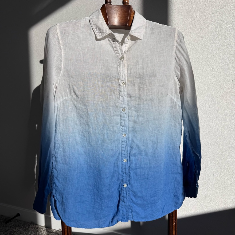 J. McLaughlin Linen Ombre Button Front Shirt White Blue Size L